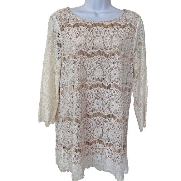 V. Christina - Nude with White Lace Overlay Round Neck Lace Sleeve Tunic M - Picture 1 of 9